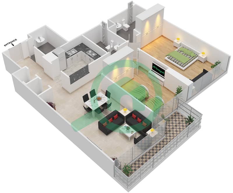 المخططات الطابقية لتصميم النموذج B شقة 2 غرفة نوم - الموجة interactive3D