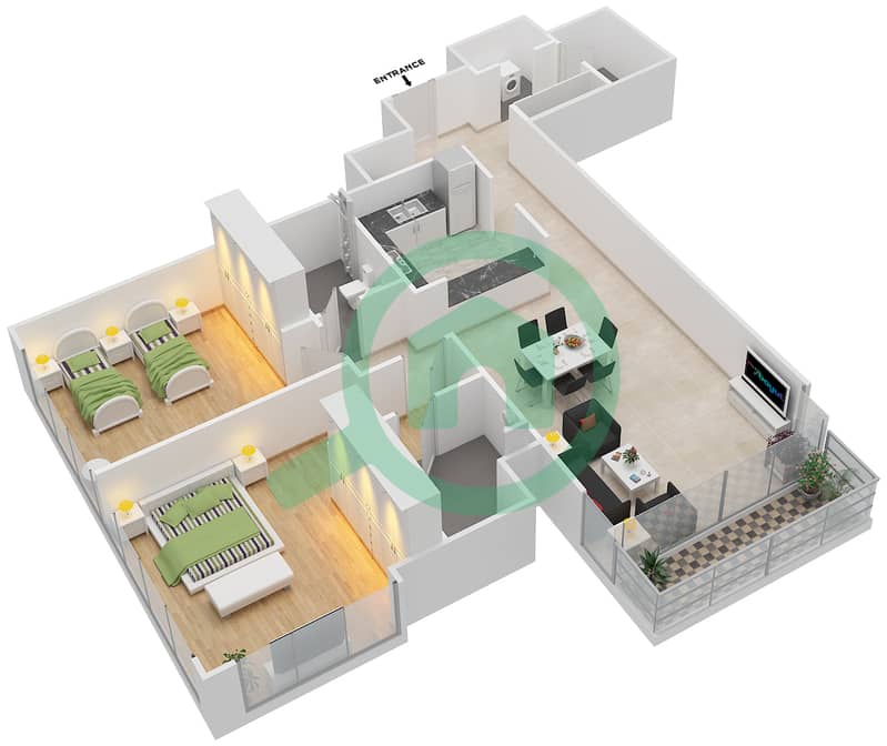 Вейв - Апартамент 2 Cпальни планировка Тип A interactive3D