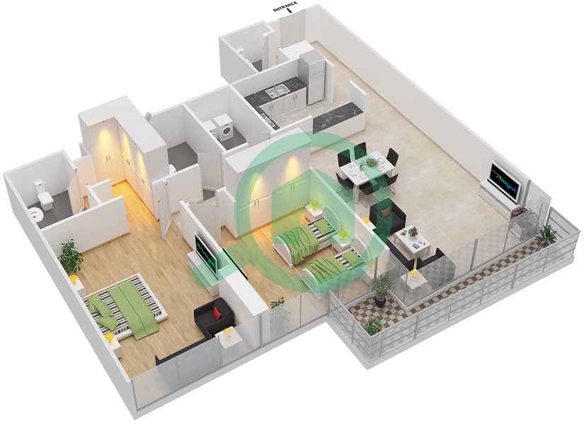 المخططات الطابقية لتصميم النموذج D شقة 2 غرفة نوم - الموجة interactive3D