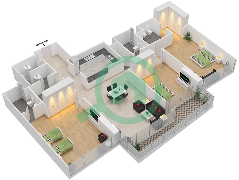 Вейв - Апартамент 3 Cпальни планировка Тип B interactive3D