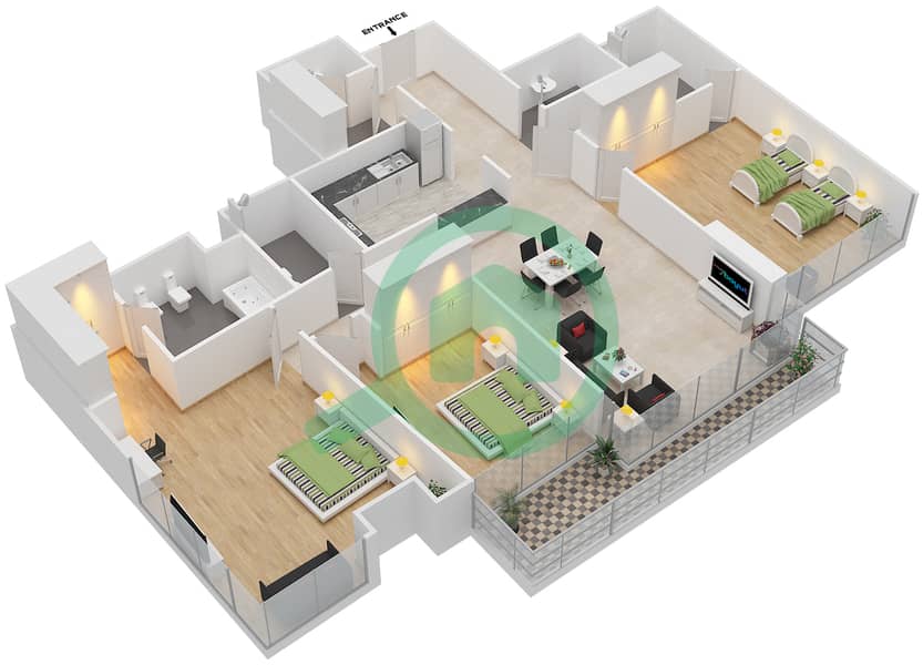 المخططات الطابقية لتصميم النموذج A شقة 3 غرف نوم - الموجة interactive3D