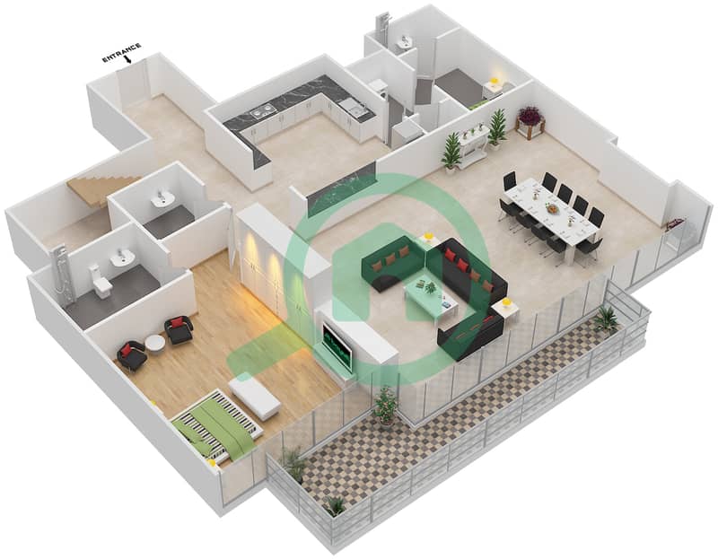 المخططات الطابقية لتصميم الوحدة P2 بنتهاوس 4 غرف نوم - الموجة Lower Floor interactive3D