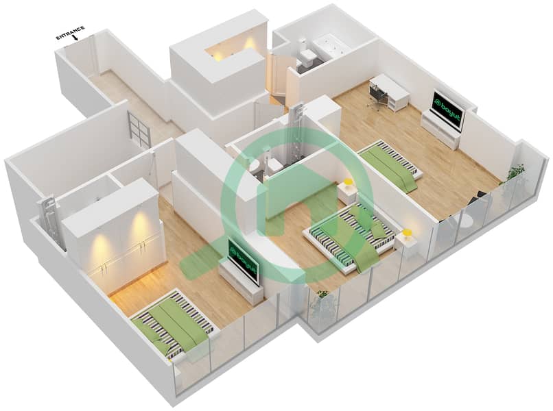 المخططات الطابقية لتصميم الوحدة P2 بنتهاوس 4 غرف نوم - الموجة Upper Floor interactive3D
