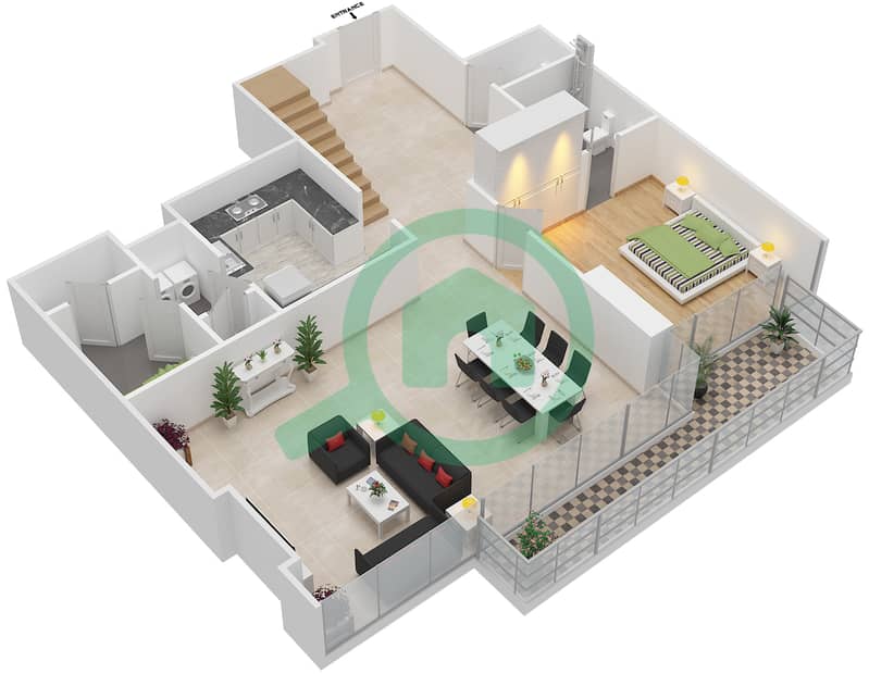 المخططات الطابقية لتصميم الوحدة P3 بنتهاوس 4 غرف نوم - الموجة Lower Floor interactive3D
