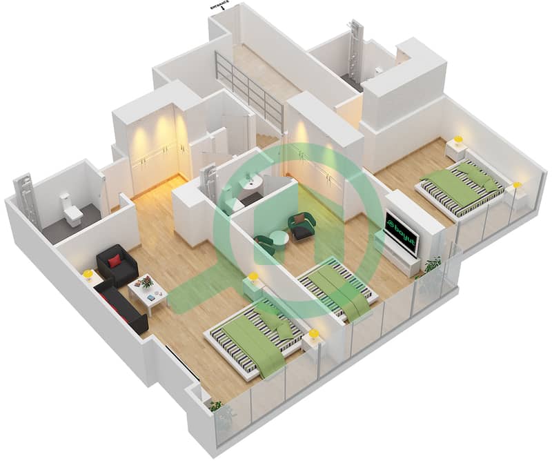 المخططات الطابقية لتصميم الوحدة P3 بنتهاوس 4 غرف نوم - الموجة Upper Floor interactive3D