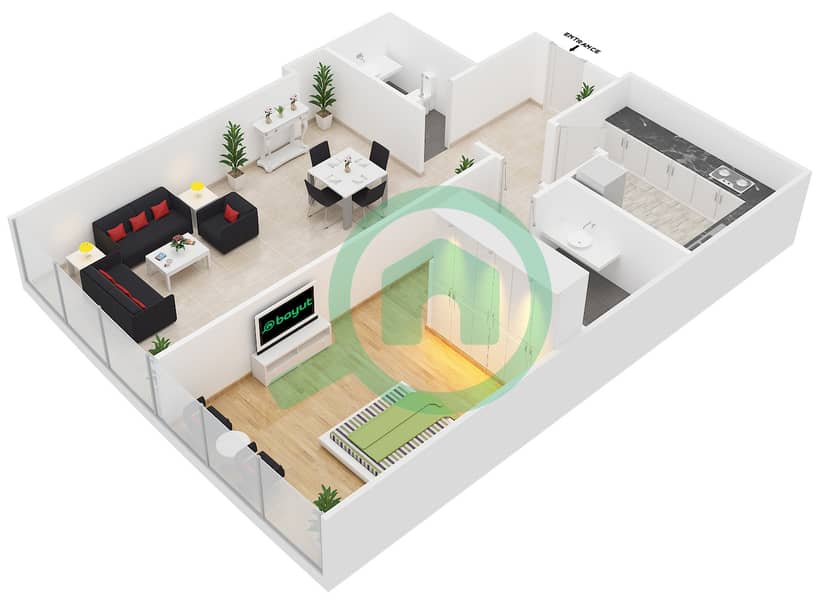 المخططات الطابقية لتصميم النموذج 1 شقة 1 غرفة نوم - برج الوفاق interactive3D
