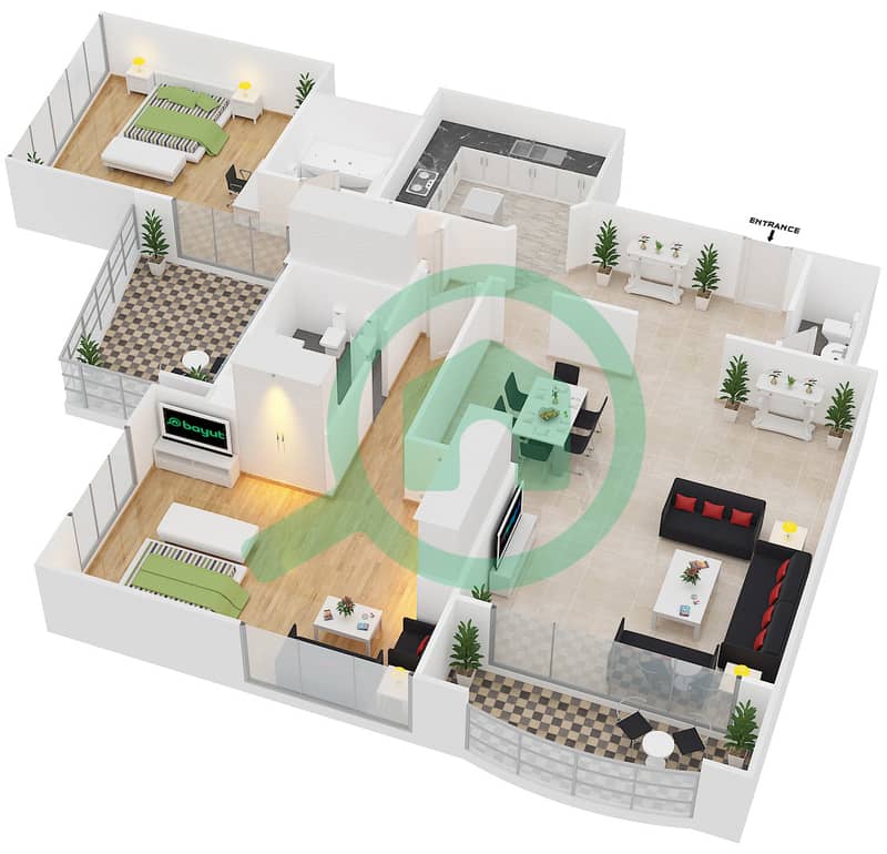 المخططات الطابقية لتصميم النموذج 2 شقة 2 غرفة نوم - برج الوفاق interactive3D