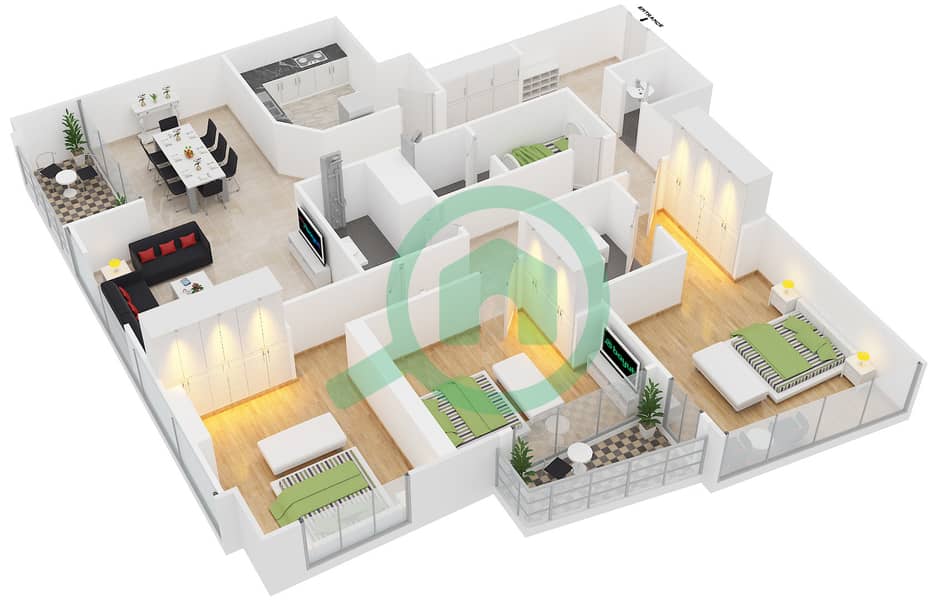 المخططات الطابقية لتصميم النموذج 3 شقة 3 غرف نوم - برج الوفاق interactive3D