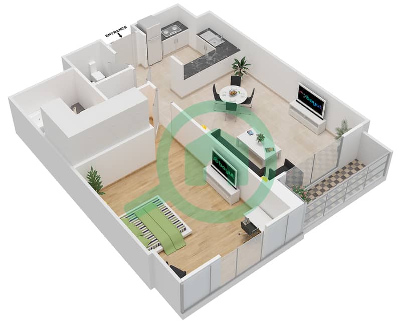 المخططات الطابقية لتصميم الوحدة A-13,C-12 شقة 1 غرفة نوم - برج القوس Floor 2-17 interactive3D