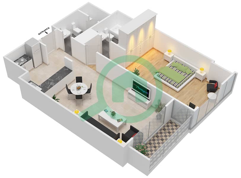 المخططات الطابقية لتصميم الوحدة A-21,C-20 شقة 1 غرفة نوم - برج القوس Floor 7-17 interactive3D