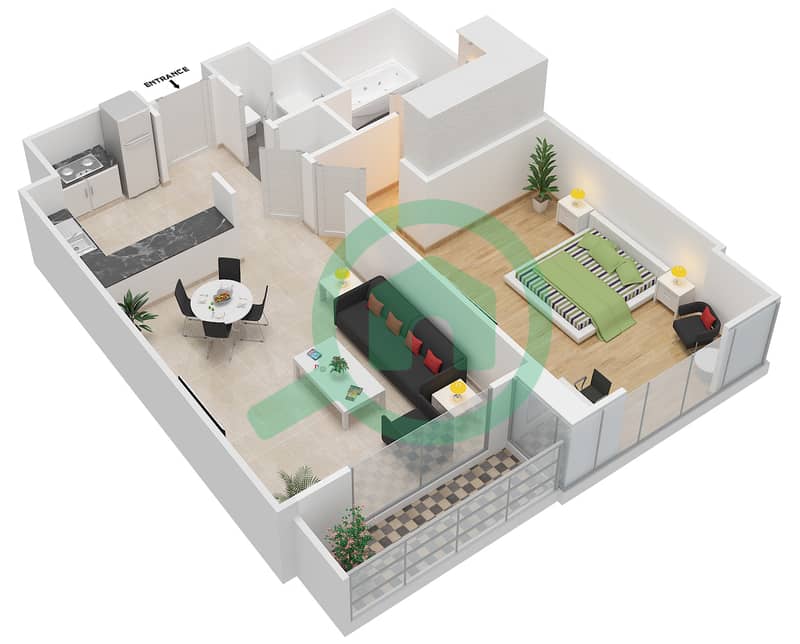 المخططات الطابقية لتصميم الوحدة A-10 شقة 1 غرفة نوم - برج القوس Floor 8-17,14-17 interactive3D