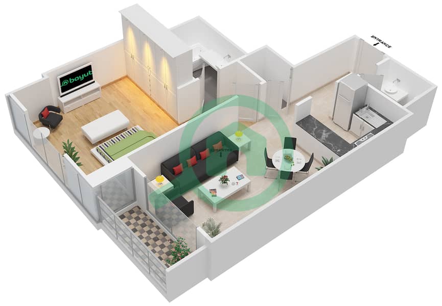 المخططات الطابقية لتصميم الوحدة A-11 شقة 1 غرفة نوم - برج القوس Floor 8-17 interactive3D