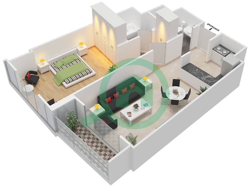 المخططات الطابقية لتصميم الوحدة B-12 شقة 1 غرفة نوم - برج القوس Floor 8-17 interactive3D