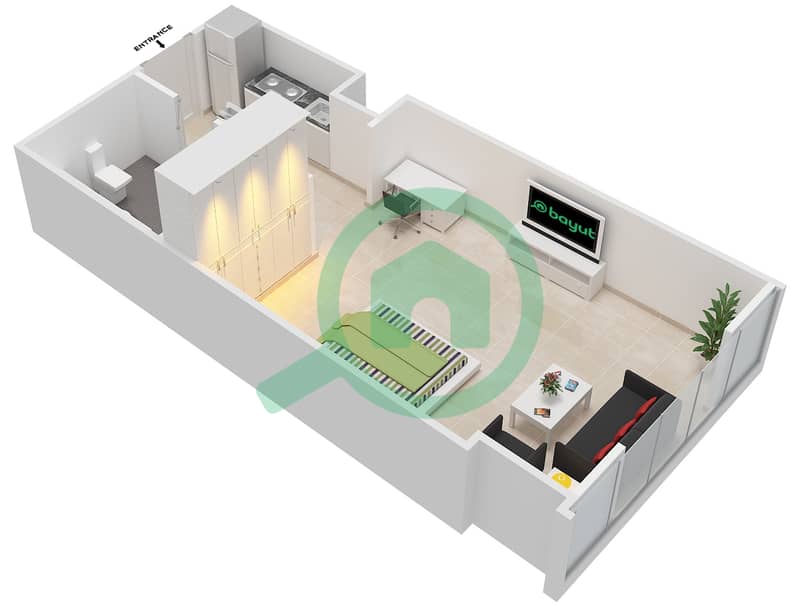 المخططات الطابقية لتصميم الوحدة B-06,C-14 شقة استوديو - برج القوس Floor 8-17 interactive3D