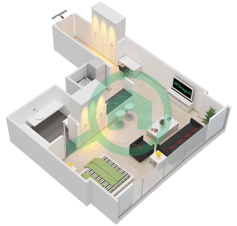 المخططات الطابقية لتصميم الوحدة A-22 شقة استوديو - برج القوس Floor 8-17 interactive3D