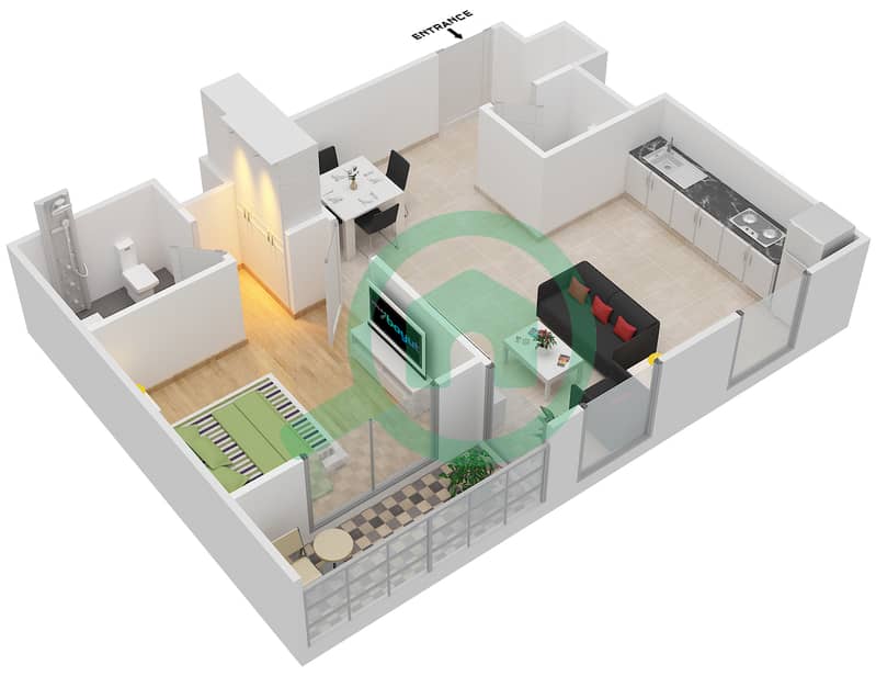المخططات الطابقية لتصميم النموذج / الوحدة B/1,10 شقة 1 غرفة نوم - دانيا 1 Floor 1-8 interactive3D
