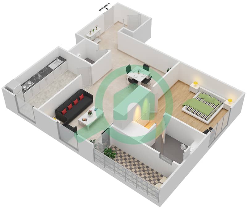 达尼亚区1号楼 - 1 卧室公寓类型／单位A/4,7 FLOOR 2-8戶型图 Floor 2-8 interactive3D