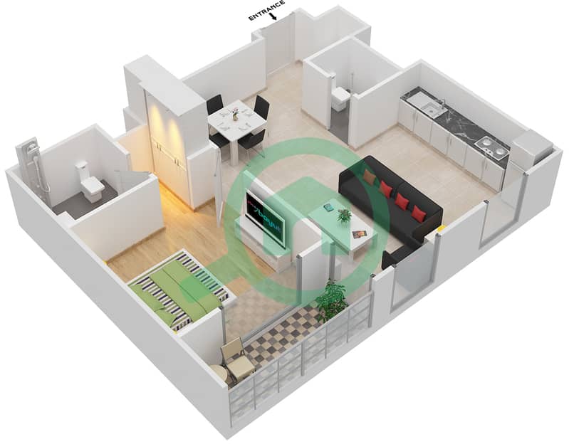 المخططات الطابقية لتصميم النموذج / الوحدة C/3,8,10 شقة 1 غرفة نوم - دانيا 1 Floor 1-16 interactive3D
