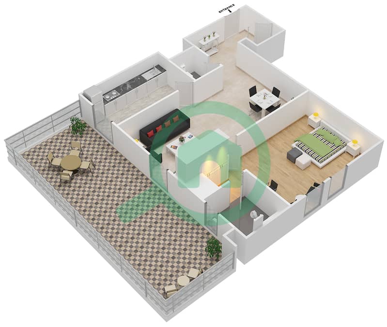达尼亚区1号楼 - 1 卧室公寓类型／单位F/4戶型图 Floor 1 interactive3D