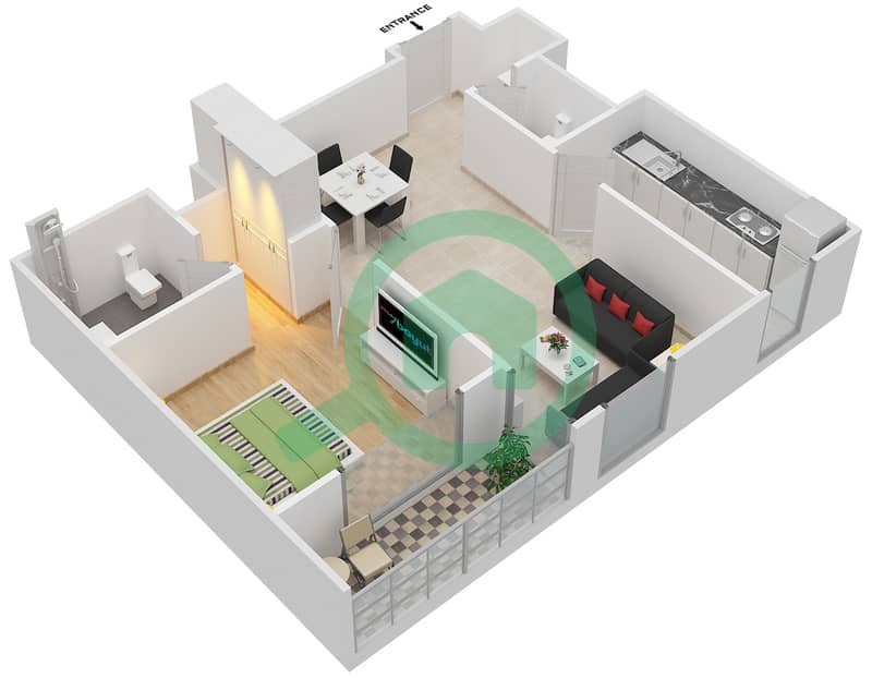المخططات الطابقية لتصميم النموذج / الوحدة D/2,9 شقة 1 غرفة نوم - دانيا 1 Floor 1-8 interactive3D
