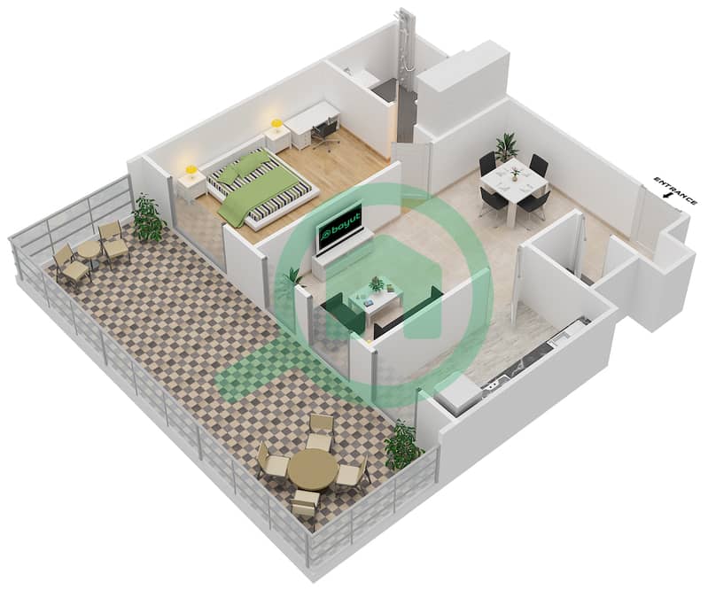 达尼亚区3号楼 - 1 卧室公寓类型／单位E/5-6戶型图 Floor 1 interactive3D