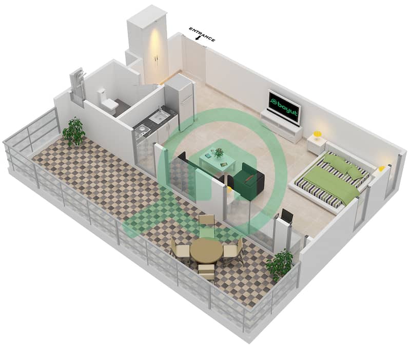 达尼亚区3号楼 - 单身公寓类型／单位D/1,12 FLOOR 9-16戶型图 Floor 9-16 interactive3D