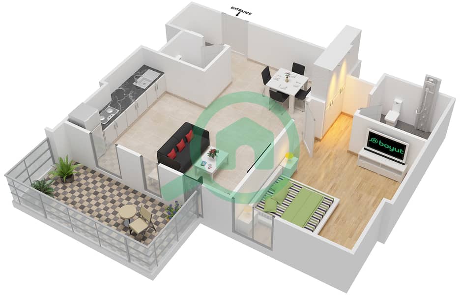 المخططات الطابقية لتصميم النموذج / الوحدة H/5,10,17 شقة 1 غرفة نوم - دانيا 4 Flor 1 interactive3D