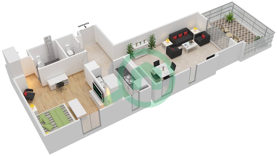 达尼亚区4号楼  - 1 卧室公寓类型／单位I/6,9,16戶型图 Floor 1 interactive3D