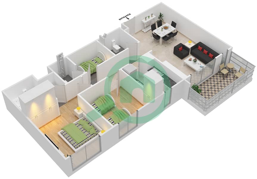 达尼亚区4号楼  - 2 卧室公寓类型／单位B/3,19戶型图 Floor 1-6 interactive3D