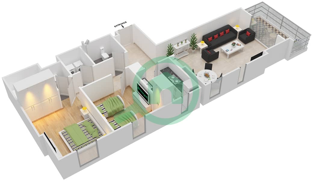 达尼亚区4号楼  - 2 卧室公寓类型／单位C/6,9,16戶型图 Floor 2-4 interactive3D