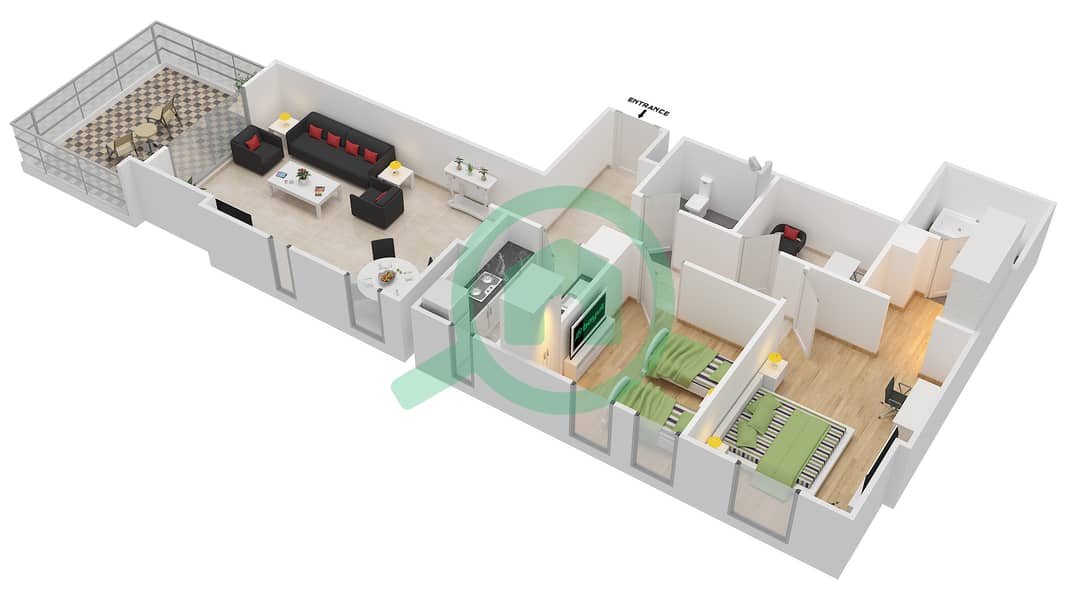 Дания 4 - Апартамент 2 Cпальни планировка Тип/мера E/2,13,20 Floor 1 interactive3D