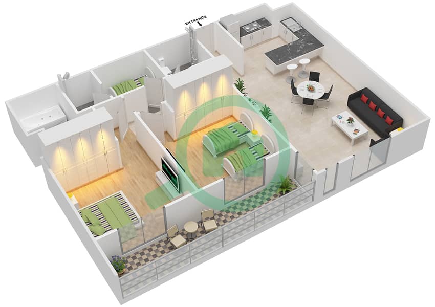 达尼亚区4号楼  - 2 卧室公寓类型／单位G/6,16,9,13戶型图 Floor 5-6 interactive3D