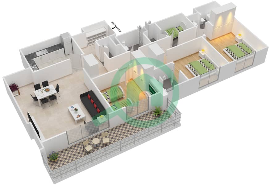 达尼亚区4号楼  - 3 卧室公寓类型／单位A/6,7戶型图 Floor 5-6 interactive3D