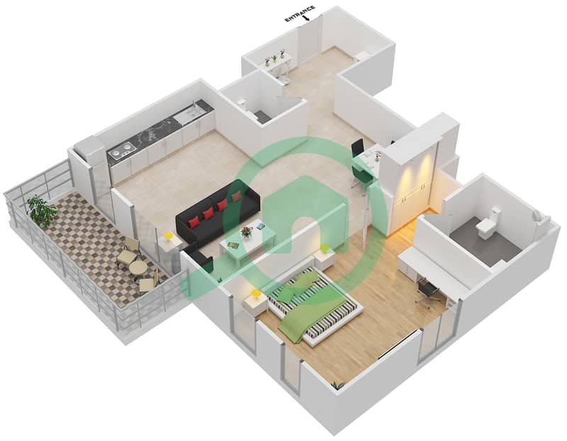 达尼亚区5号楼 - 1 卧室公寓类型／单位G/5,10,17戶型图 Floor 2-4 interactive3D