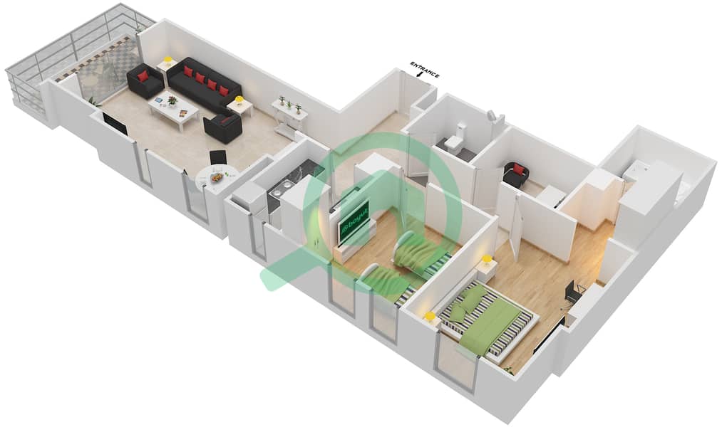 达尼亚区5号楼 - 2 卧室公寓类型／单位D/2,11,20戶型图 Floor 2-4 interactive3D