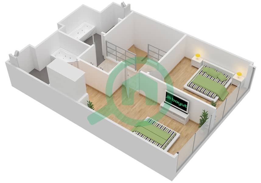 المخططات الطابقية لتصميم النموذج / الوحدة 2F/106 شقة 2 غرفة نوم - البرزة Second Floor interactive3D