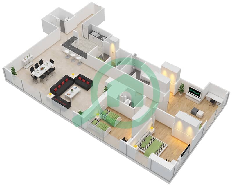 The Gate Tower 2 - 3 Bedroom Apartment Unit 1,4 FLOOR 36-45 Floor plan Floor 36-45 interactive3D