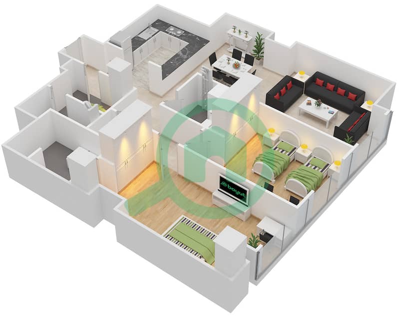 The Gate Tower 2 - 2 Bedroom Apartment Unit 5,10 FLOOR 46-62 Floor plan Floor 46-62 interactive3D