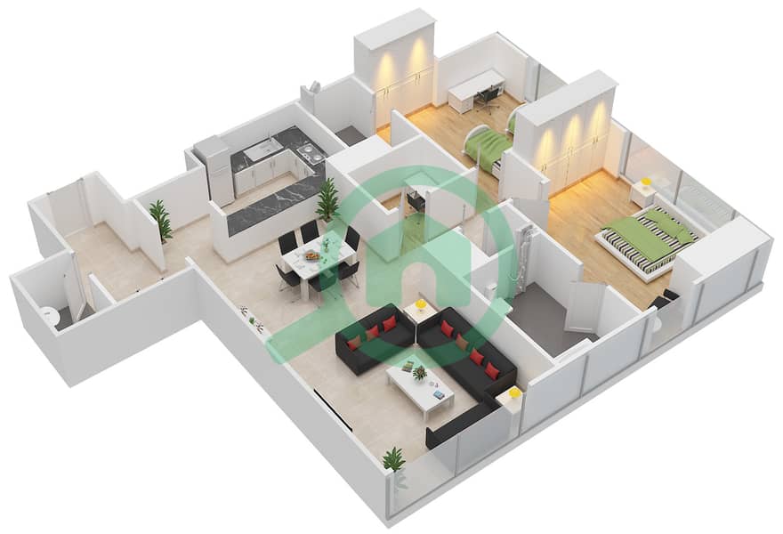 The Gate Tower 2 - 2 Bedroom Apartment Unit 1,8 FLOOR 7-19 Floor plan Floor 7-19 interactive3D