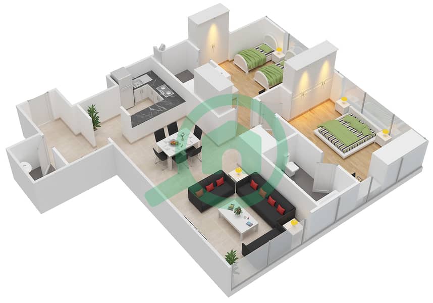 المخططات الطابقية لتصميم الوحدة 1,8 FLOOR 20-29 شقة 2 غرفة نوم - برج ذا جيت 2 Floor 20-29 interactive3D