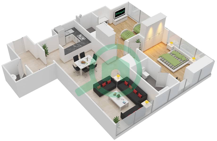 The Gate Tower 2 - 2 Bedroom Apartment Unit 1,8 FLOOR 30-34 Floor plan Floor 30-34 interactive3D
