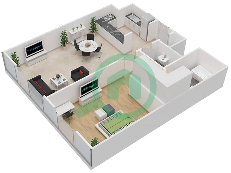 天门2号大厦 - 1 卧室公寓单位9,18 FLOOR 20-29戶型图 Floor 20-29 interactive3D