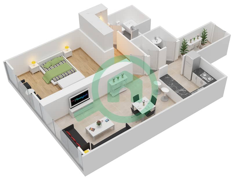 The Gate Tower 2 - 1 Bedroom Apartment Unit 13,14  FLOOR 7-19 Floor plan Floor 7-19 interactive3D