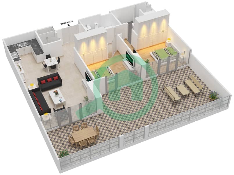 المخططات الطابقية لتصميم النموذج A1B شقة 2 غرفة نوم - الزينة D interactive3D