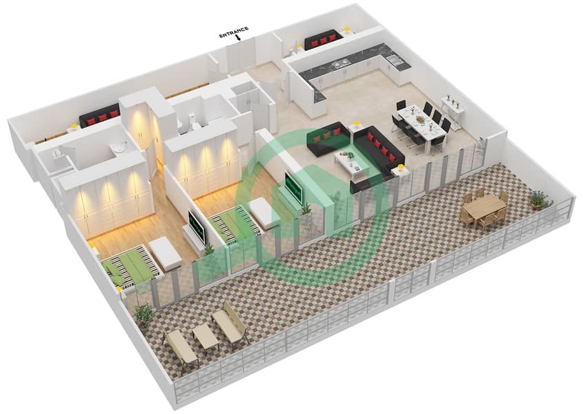 المخططات الطابقية لتصميم النموذج A6D شقة 2 غرفة نوم - الزينة D interactive3D