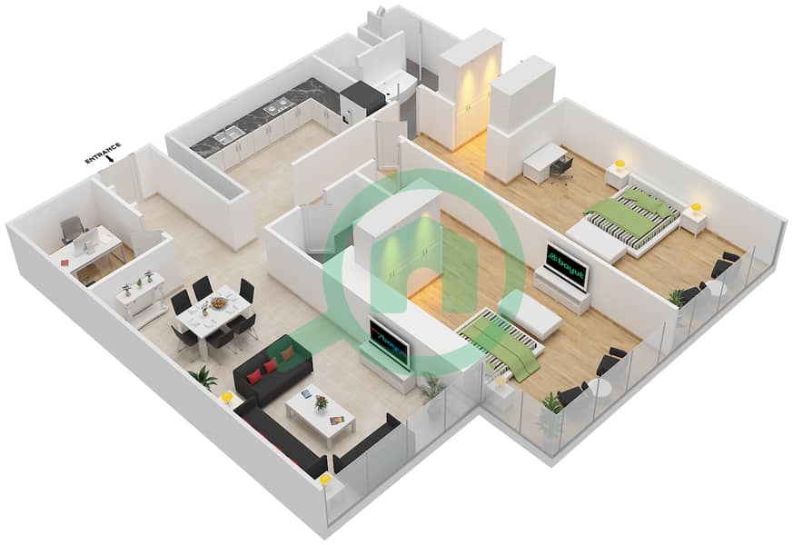 المخططات الطابقية لتصميم النموذج A22 شقة 2 غرفة نوم - الزينة D interactive3D