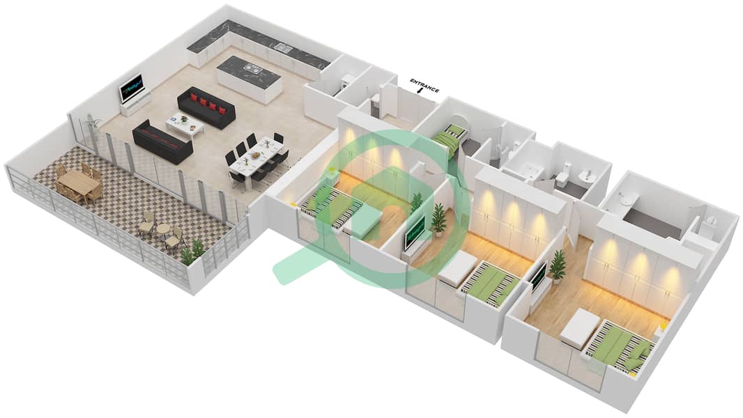 المخططات الطابقية لتصميم النموذج A3 شقة 3 غرف نوم - الزينة D interactive3D