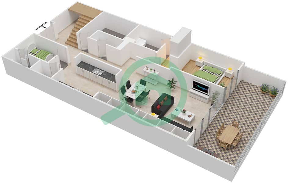 المخططات الطابقية لتصميم النموذج A5 شقة 3 غرف نوم - الزينة D Ground Floor interactive3D