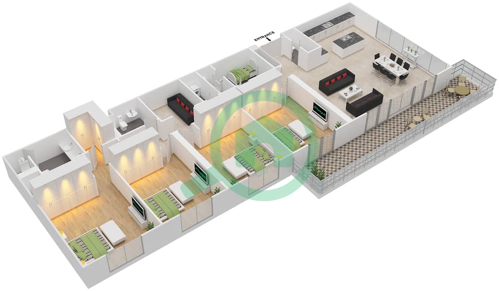 المخططات الطابقية لتصميم النموذج A6B شقة 4 غرف نوم - الزينة D interactive3D