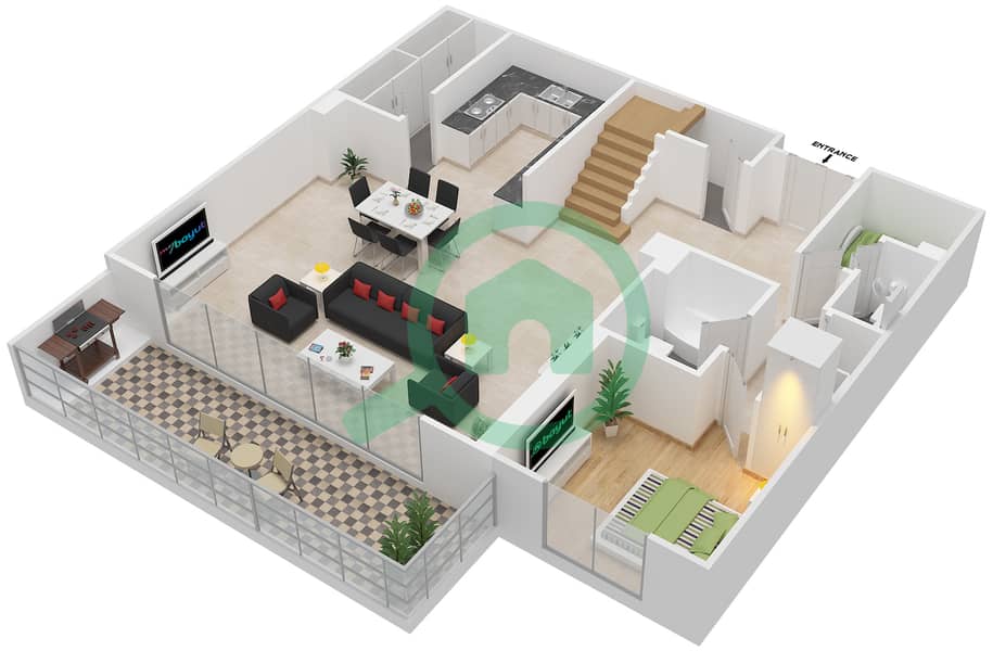 المخططات الطابقية لتصميم النموذج A7 شقة 4 غرف نوم - الزينة D Ground Floor interactive3D